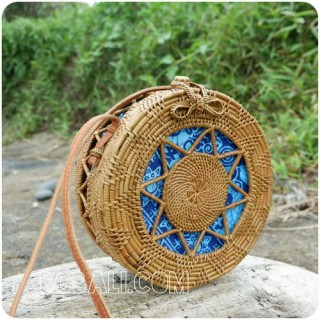 blue fabric rattan round circles sling bags motif handwoven